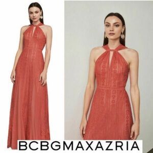BCBGMAXAZRIA Spiced Coral Aloysha Halter Lace Maxi Dresss Size 6 NWT